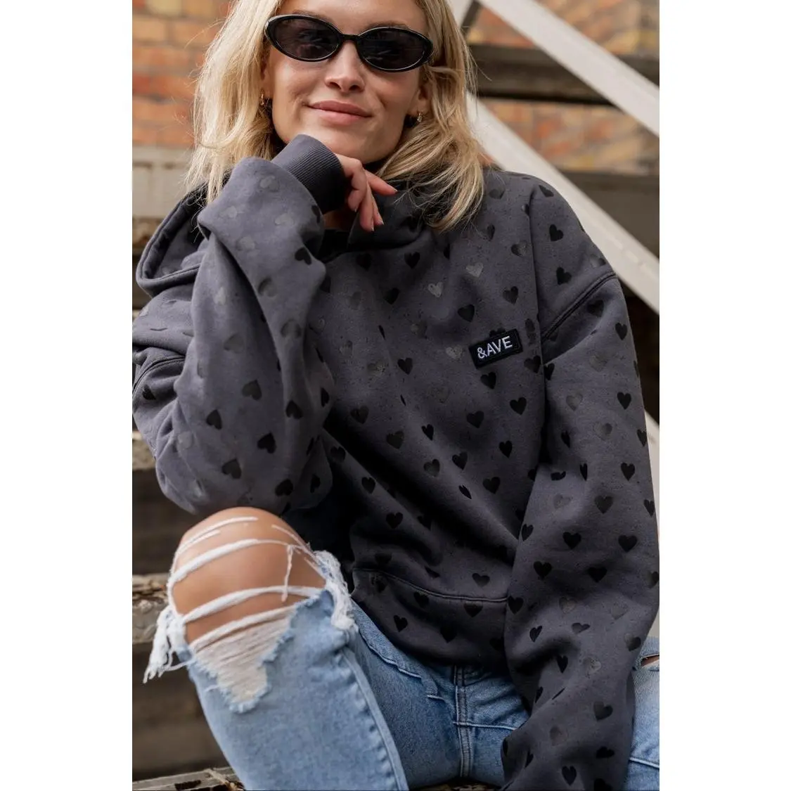 Comfort Zone Hoodie - Heart To Heart | Womenswear Fleece Lined Hoodie | Charcoal Grey Heart Sweatshirt | Plus Size Fabric Everyday Love
