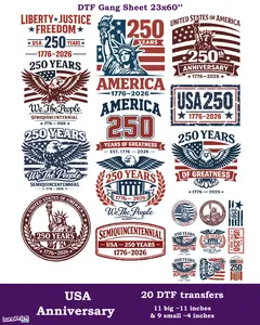 USA 250 Years Anniversary DTF Gang Sheet – Patriotic Semiquincentennial Transfers 1776-2026 | Independence Day, America, Eagle, Liberty Designs