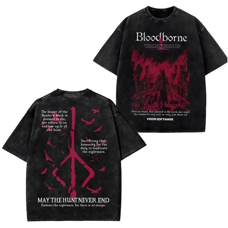 Menswear Retro Washed Black Oversized Round Neck Short-Sleeve Tshirt Top, Elden Ring Maliketh the Black Blade All-Over Graphic Print, Unisex Loose-Fit Streetwear for Daily & Outdoor Wear, B Style
