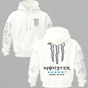 White Monster Graphic Hoodie, Longsleeve Pullover Cotton Hooded Sweatshirt, Unisex Casual Hip Hop Shirt (S–5XL)