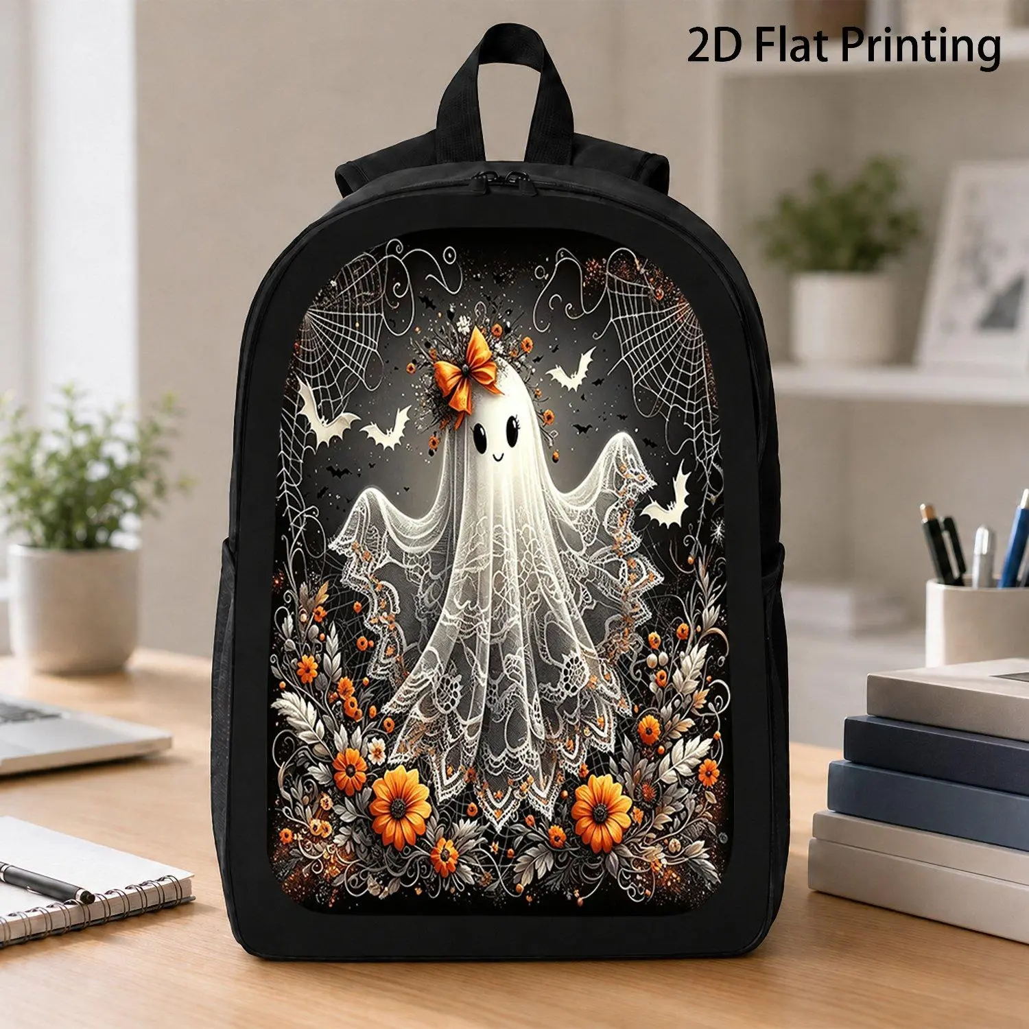 (Printed Design Not Textured) 1pc Printed Backpack with Cute Halloween Ghost Flower Bat Spider Web Pattern for Daily Outdoor Use