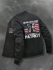 Men's Casual American Flag Patriotic Flight Jacket, Stand Collar Zipper Coat with Pockets, Fall Winter Fashion