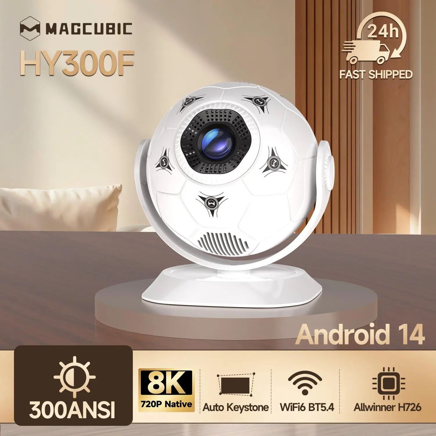 Magcubic Latest HY300F Projector 300 ANSI Lumens The Perfect Football Fan Gift 8K Decode Android 14.0 Fully Auto Keystone Dual WiFi6 BT5.4 180° Rotation Allwinner H726 0.9:1 Throw Ratio Wireless Portable Home Cinema, Audio #SummerWins #DealsForYouDays