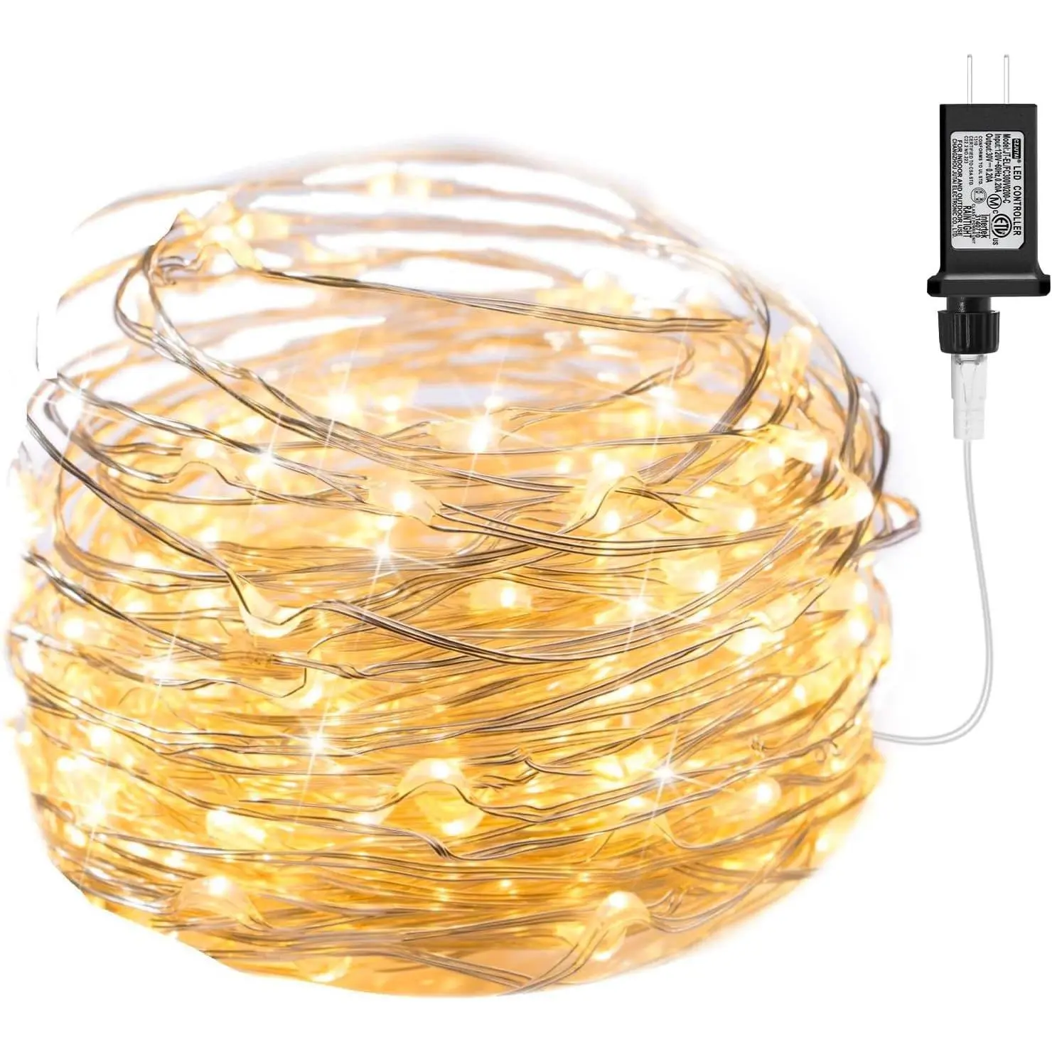 Fairy Lights Plug-in, 33 Feet 100 LED Waterproof Silver Wire Firefly Lights, Includes Adapter, Suitable for Wedding Indoor Outdoor Christmas Courtyard Garden Decoration, Warm White