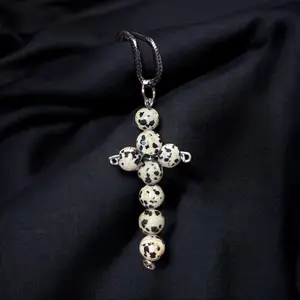 Handmade Dalmatian Jasper Beaded Cross Pendant