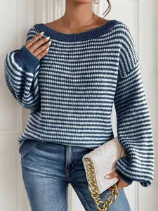 Women's Elegant Off-Shoulder Knit Sweater Top, Striped Design, Fall & Winter Fashion Pullover, Y2K Style, Long Lantern Sleeve, Loose-Fitting, Knitwear
