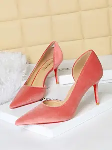 Women's Sexy Velvet High Heels, Slimming Pointed Toe Single Shoes, European Style Daily Wear, Elegant Heeled Shoes, Thin Heel Side Cutout Design
