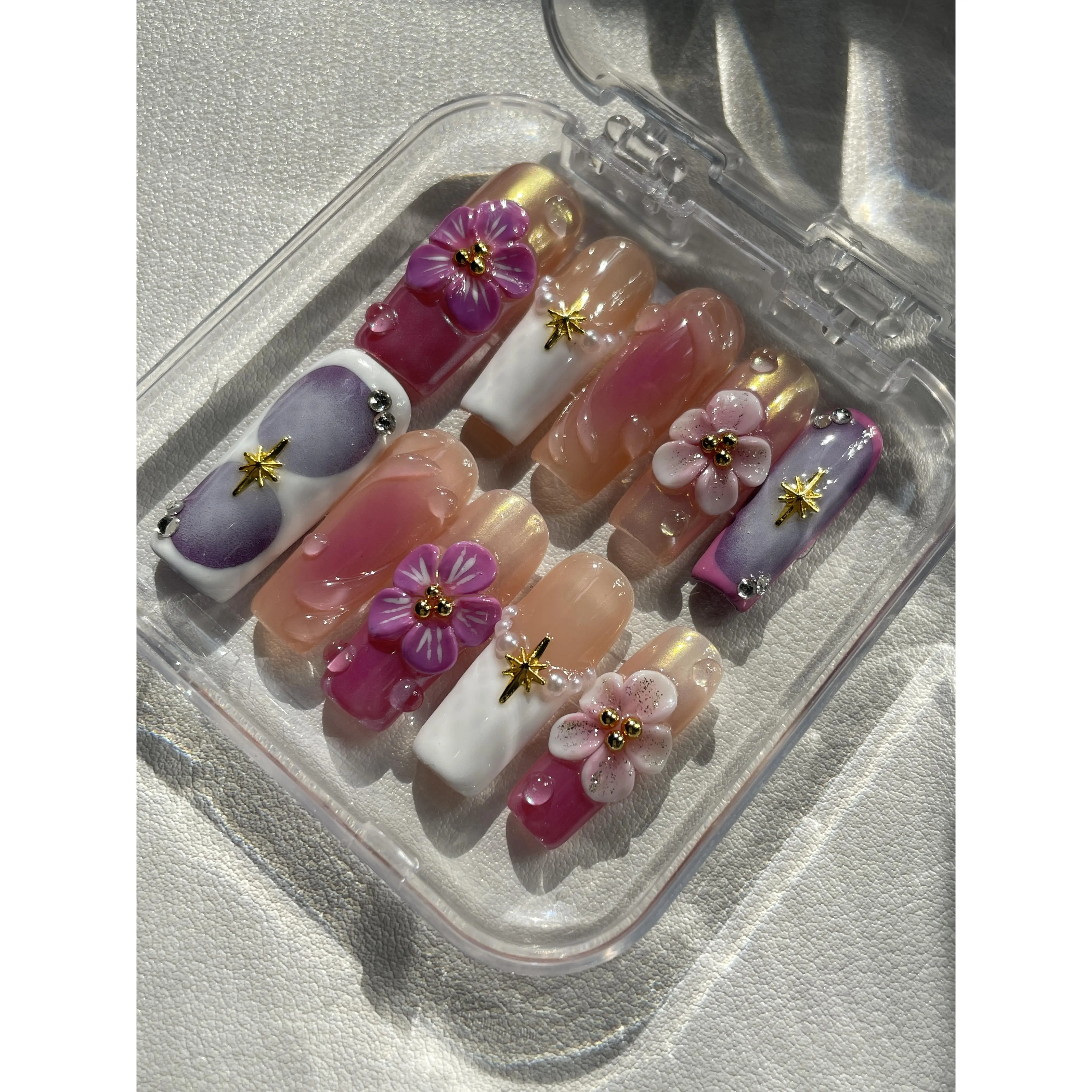 BHI Handmade Press-On Nails - Square Acrylic Resin False Nails, 3D Gel Style, Reusable Salon-Quality, Long-Lasting Natural Finish for DIY Easy At-Home Manicure, Diy Nails