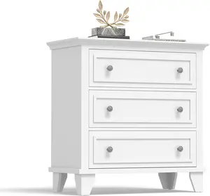 White 3-Drawer Dresser, Wide Wood Chest with Vintage Handles, Modern Storage Cabinet for Bedroom or Living Room