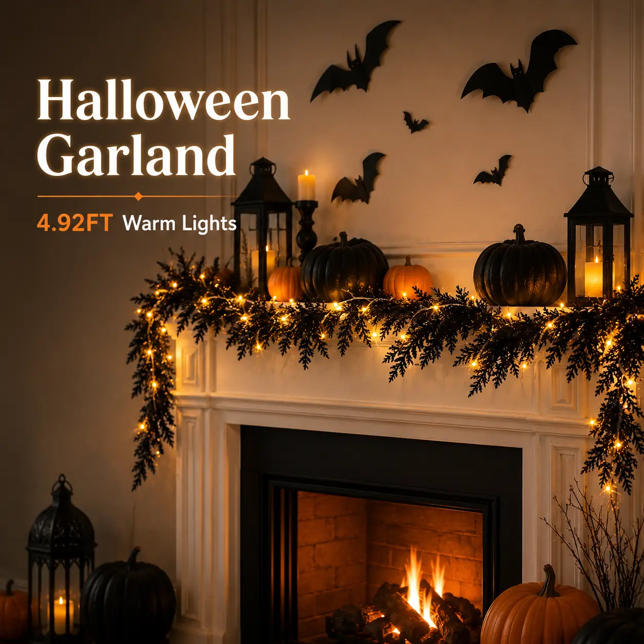 4.92FT Halloween Pine Garland with String Lights – Artificial Evergreen Garland for Fireplace Mantel, Doorway, Stair Railing & Porch Decor