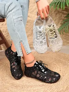 2026 Summer New Mesh Sequin Breathable Women's Shoes, Lace Hollow Out Soft Sole Flat Shoes, Versatile Tie Strap Casual Shoes