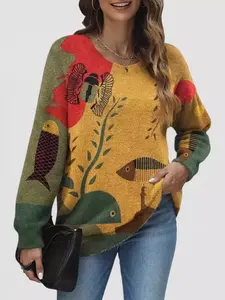 Women's Fish Pattern Oversized Pullover Sweater, Casual Loose-Fit Long Sleeve Knitted Top, Thick Autumn Winter Fashion
