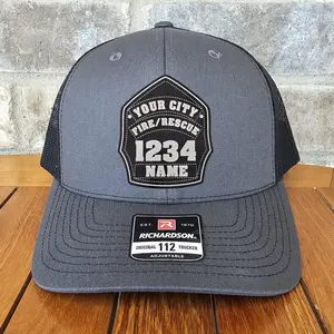 Firefighter Shield Leather Patch Trucker Hat, Richardson 112, Helmet Shield, Fireman Hat, Dad Husband Gift, Station Gift, Laser Engraved