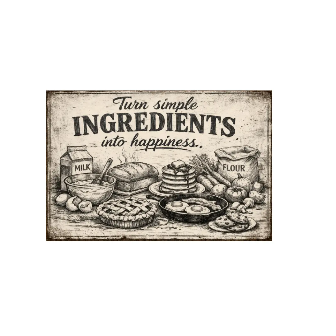 Vintage Metal Tin Sign - 8x12 in Rustic Baking Food Illustration Wall Decor Plaque with Pre-Drilled Holes for Farmhouse Kitchen, Cafe