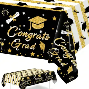 1pc Black & Gold Graduation Ceremony Disposable PE Tablecloth, Graduation Party Tablecloth, 2026 Graduation Party Supplies, Graduation Decorations, Graduation Party Decor, Graduation Gift, Graduation Season Tablecloth, party supplies