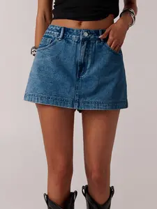 American Style High-Waisted Denim Skirt Shorts, Casual Loose Fit, Solid Pattern, Perfect for Streetwear, Instant Leg Slimming Effect, Womenswear