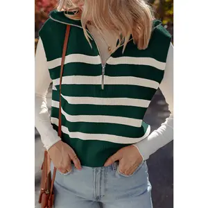 Blackish Green Ribbed Half Zip Collared Sweater Vest