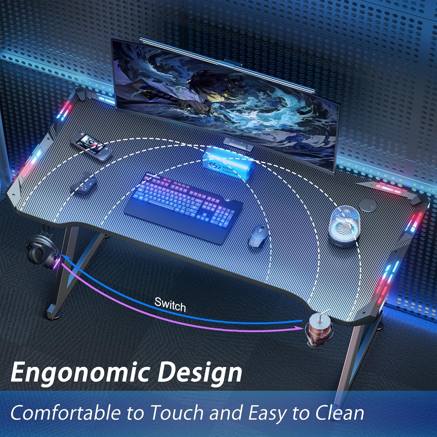 Gaming Desk with LED Lights, Home Office Gamer Desk, Ergonomic Computer Table with Large Carbon Fiber Desktop, Office Workstation, Cup Holder & Headphone Hook summerwins,dorm essentials,home decor