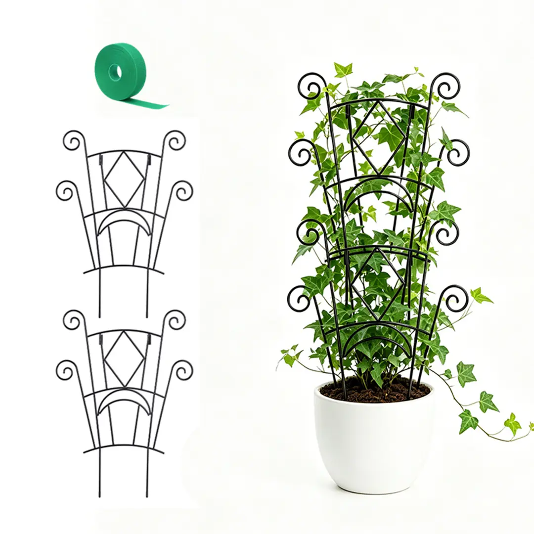 Black Metal Stackable Plant Support Tower - 2 Plant Supports, 15.35in-24.41in, Sturdy Odorless Corrosion-Resistant Coating, Connector-Equipped Gardening Climb Aid for Indoor/Outdoor Pothos,Ivy, 15.35 Inches To 24.41 Inches