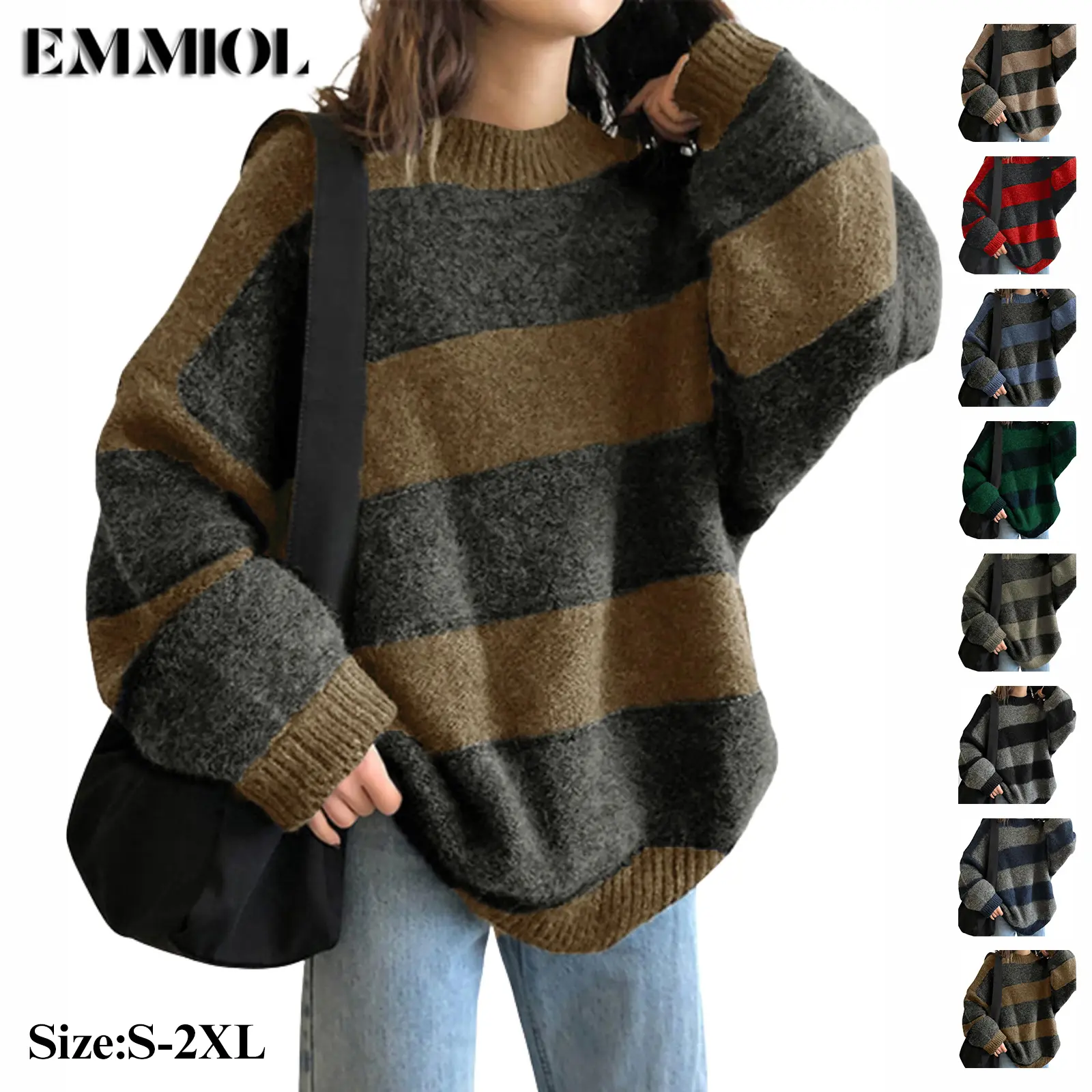 EMMIOL Women's Oversized Striped Sweaters 2026 Autumn And Winter Trendy Long Sleeve Knit Outfits Crewneck Fashion Pullover Tops