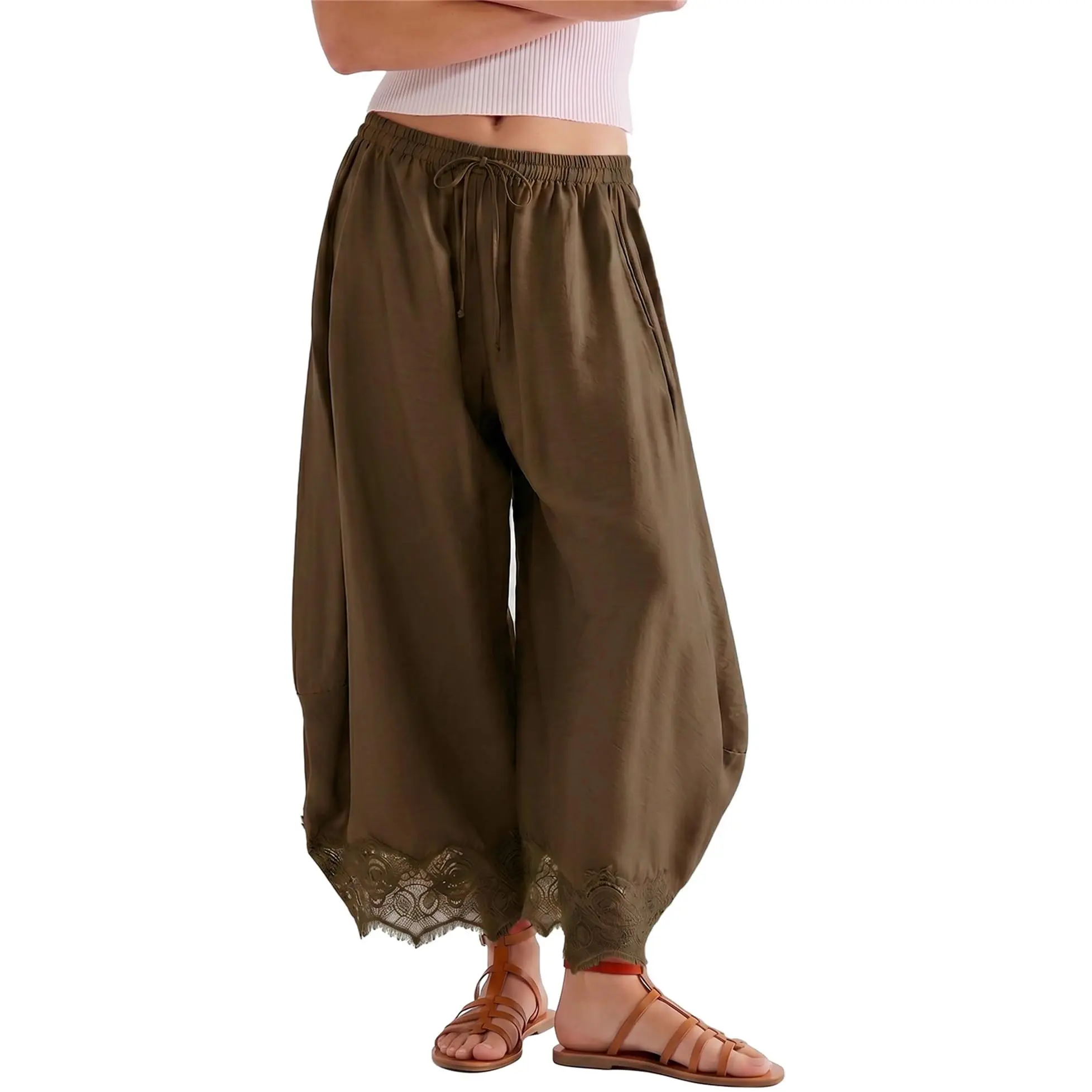 Songling Women's High-Waist Wide-Leg Cropped Trouser - Bohemian Casual Women's Fashion Bottoms with Lace Hem, Drawstring, Pockets for Everyday Summery Wear, Basic, Women's Clothes,back to school shopping