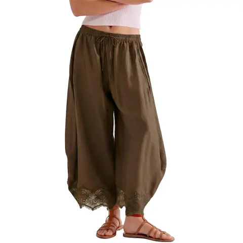 Songling Women's High-Waist Wide-Leg Cropped Trouser - Loose Boho Hippie Fit Casual Clothes with Lace Hem, Drawstring, Pockets for Summery Everyday Wear, Back to School Basics (Boho Clothes for Women)
