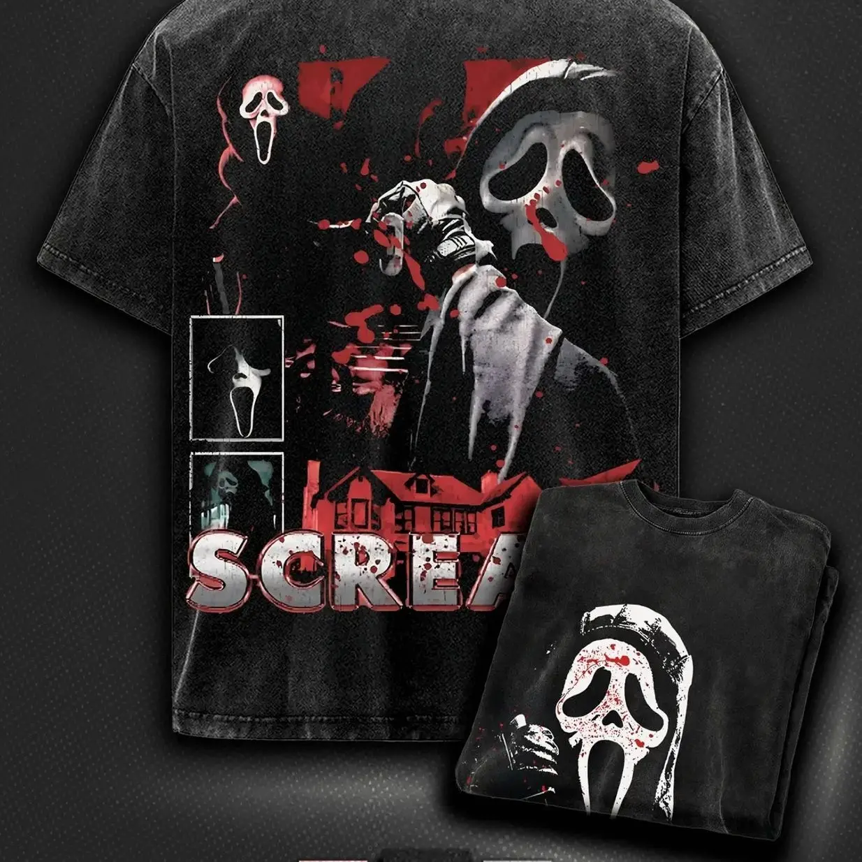 Ghost Face Scream Horror Premium Acid Wash T-Shirt, Halloween Merch Friday The 13th Merch, 80s Horror T-shirt, Slasher Movie Apparel For Fans Menswear FVU