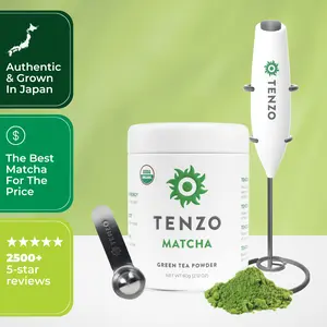 Tenzo Ceremonial Matcha Starter Kit - 60 Servings Ceremonial Organic Matcha Powder with Smooth, Vibrant, Savory Flavor, Stone Grind, Traditional Green Tea, Tin, Scooper, Electric Whisk