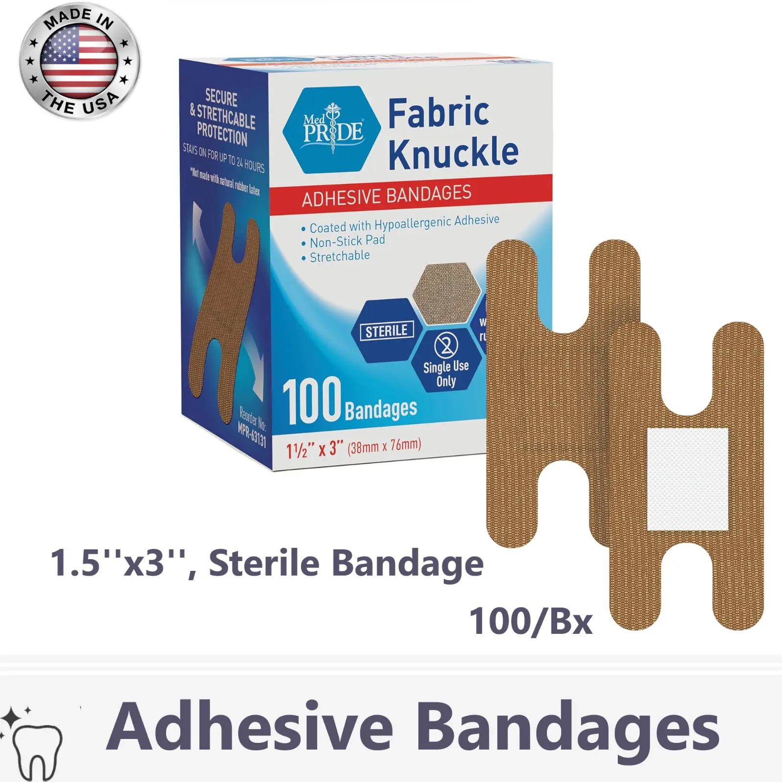 Fabric Knuckle Adhesive Bandages 1.5''x3'', Sterile, 100/Box