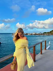 Yellow Knit Off Shoulder Flare Sleeve Mermaid Bodycon Elegant Vacation Photoshoot Baby Shower Maternity Maxi Dress Maternity Dresses Pregnancy Maternity Clothing