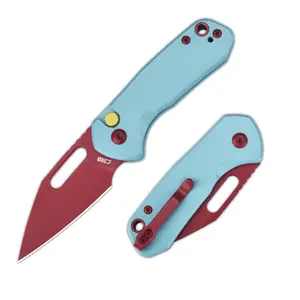 CJRB Mini Pyrite Mutitool Folding Utility Knife with AR-RPM9 Steel Blade Aluminium Handle, Folding Knives with Ceramic Ball Bearing and Button Lock, Sky Blue Cherry Red