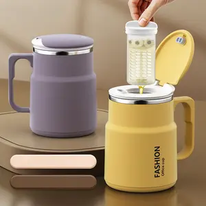 Tea Infuser Mug with Leak-Proof Lid & Built-in Strainer - Dual Compartment Tea/Coffee Cup for Loose Leaf Brewing, Office & Travel, Ergonomic Handle, Lavender & Mustard Yellow, Travel Drinkware, Modern Drinkware Tumbler Reuse Flip Cover White