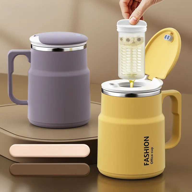 Reusable Portable Coffee Mug & Tea Tumbler - Leak-Proof Flip Lid, Built-in Leaf Strainer, Dual Compartment, Ergonomic Handle, Sports Water Bottle for Outdoor Use, Multiple Colors Including Flip Lid White
