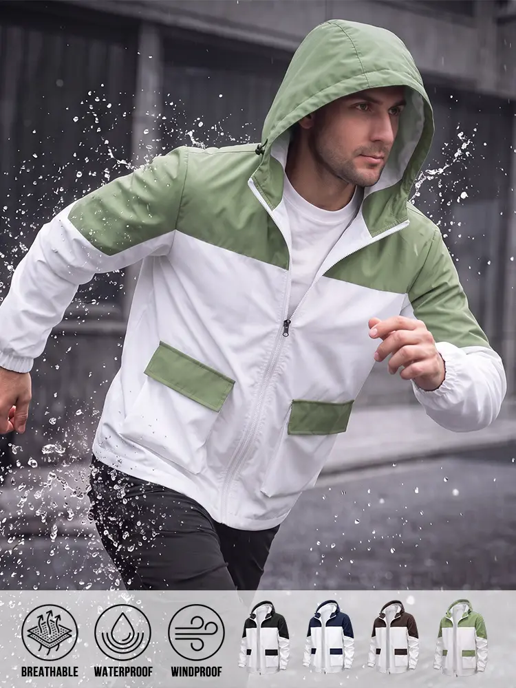 Versatile Men Athletic Hooded Windbreaker, Wind‑Resistant Breathable Material, Stylish Two‑Tone Color‑Block Design, Full‑Zip Outer Jacket for Outdoor Sports and Daily Casual Occasions