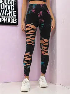 Women's Tie Dye Print Ripped High Waist Scrunch Sports Leggings, Casual Comfy Breathable Skinny Pants for Yoga Gym Workout Running, Ladies Sportswear for All Seasons
