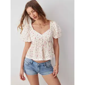 Cider Cotton-blend Floral Sweetheart Lace Trim Puff Sleeve Cropped Blouse