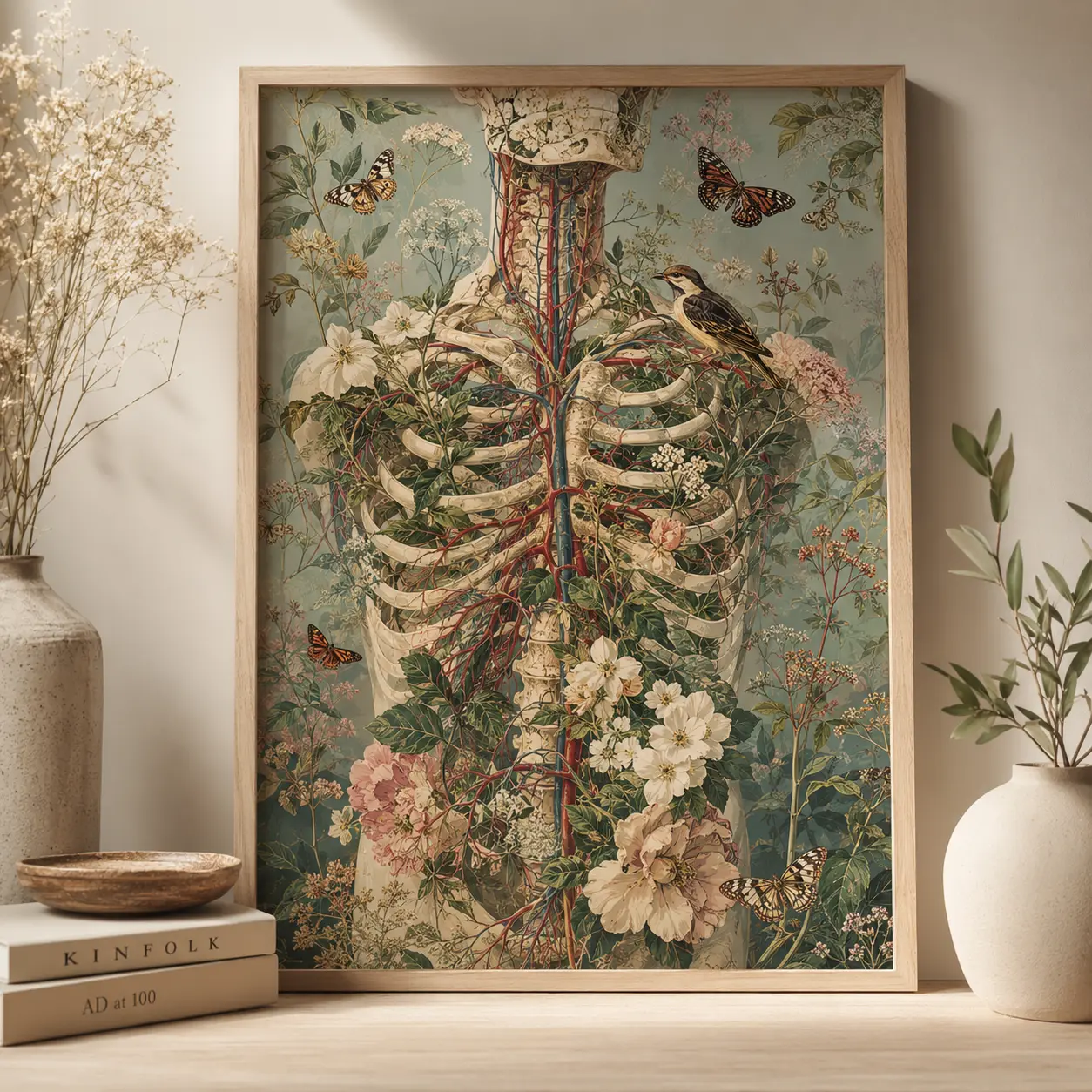 Botanical Anatomy Wall Art Poster, Vintage Rib Cage Floral Print, Medical Gothic Decor | Poster No Frame