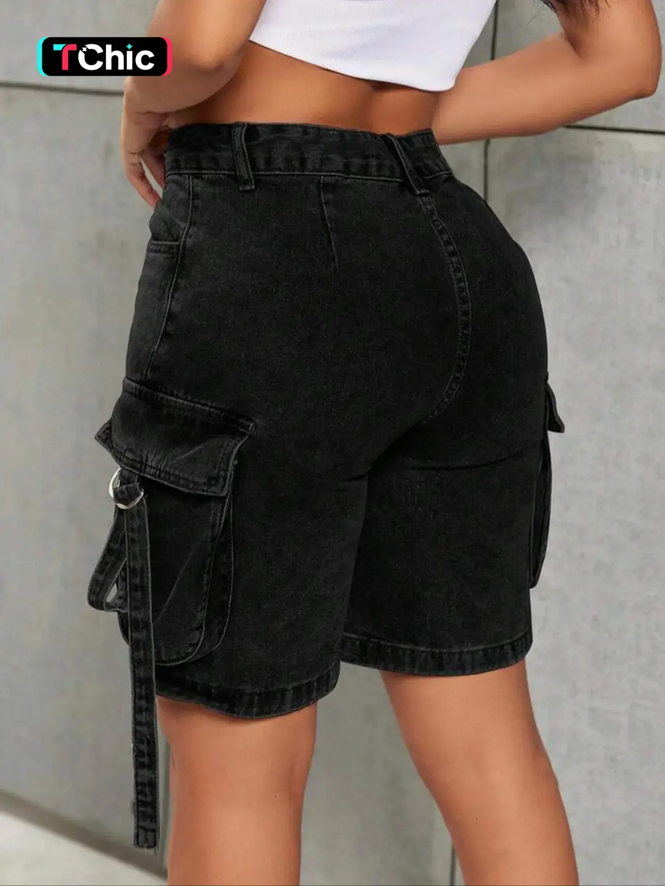 Women's Washed Denim Cargo Shorts - Y2K Functional Street Style - Comfortable Stretchy Fabric with Tummy Control