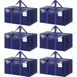 6 Pack Extra Heavy Duty Large Moving Bags with Strong Zipper & Comfortable Handles, Sturdy & Durable Clothes Storage Bags Totes Bins, Blue Packing Moving Boxes for College Supplies, Dark Blue