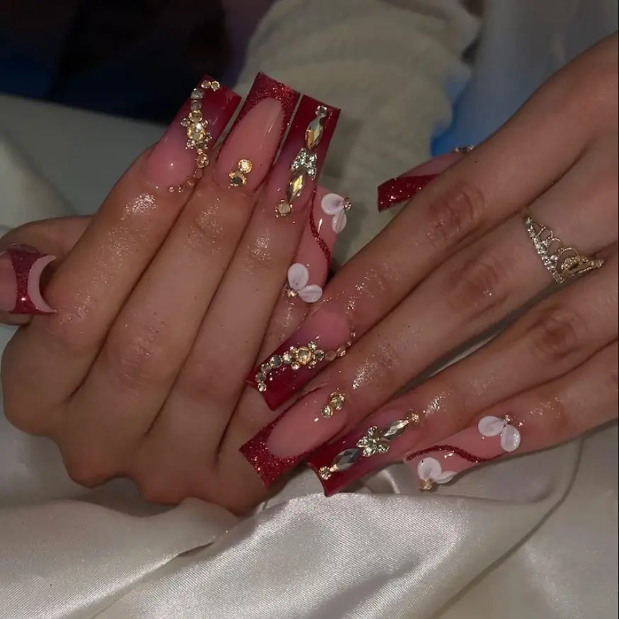 Luxury Red French Tip Press On False Nails Set, Handmade 3D Gold Chrome White Flowers Nail Art, Gif For Her On Holiday Wedding Party