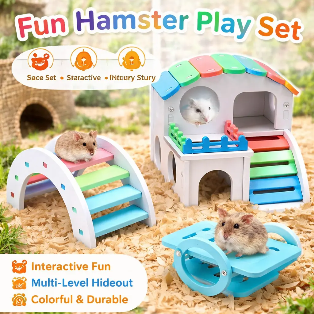 3-Piece Compact Hamster Hideout Kit - Includes PVC House, Rainbow Arch, Seesaw, Curved Ladder - Interactive Playtime Accessory for Small Pets - DIY Exercise Enrichment Set