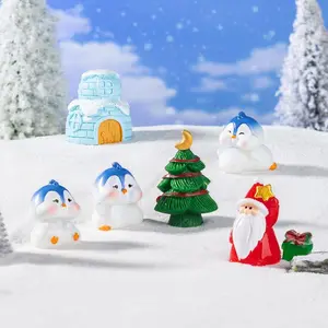 Christmas Mini Figurine Set Cute Penguin & Santa Claus with Igloo and Gift Desk DIY Snow Scene Ornament