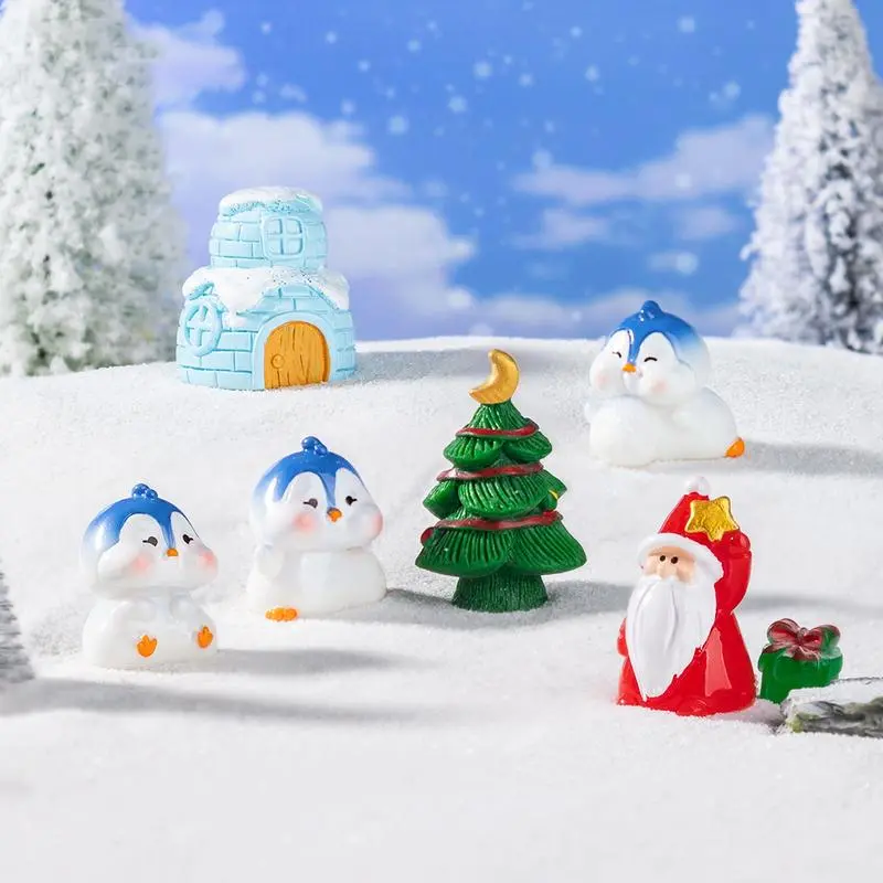Christmas Mini Figurine Set Cute Penguin & Santa Claus with Igloo and Gift Desk DIY Snow Scene Ornament