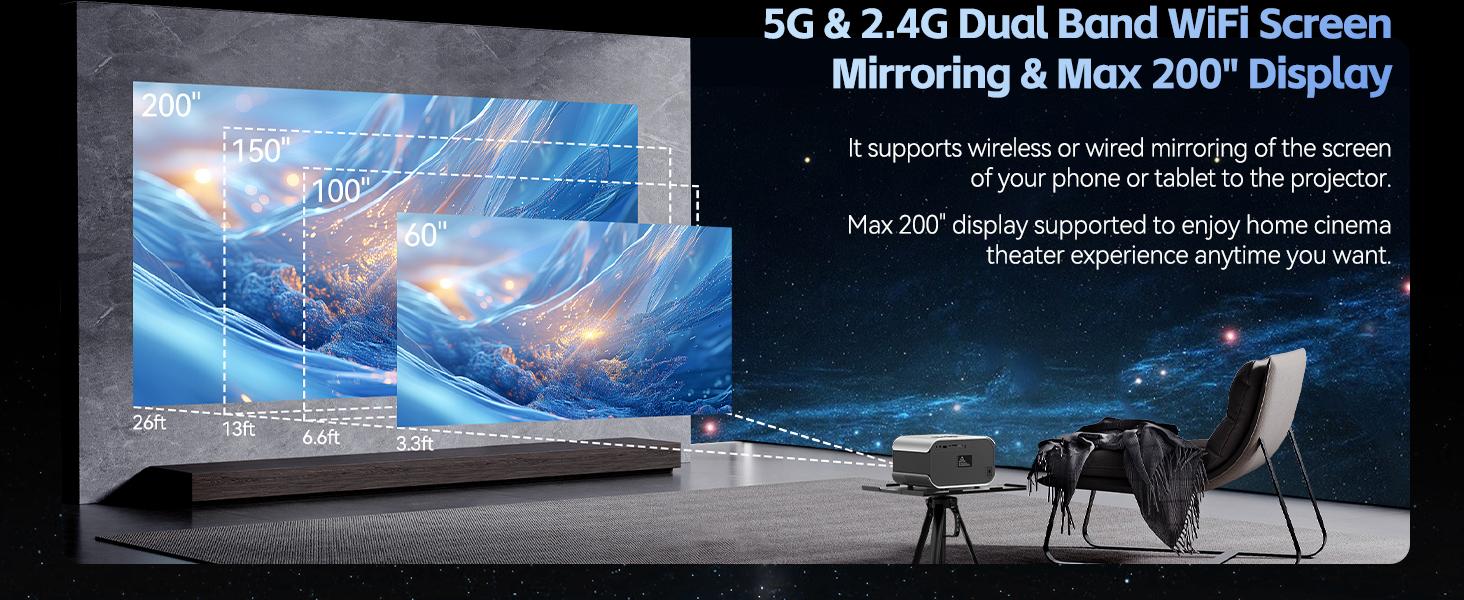 Mini Projector with WiFi and Bluetooth 4K Support, Native 1080P Portable Outdoor Smart Projector, Mirror Screen with Android/iOS/PC Compatible with PC/PS5/Phone/TV Stick (VF340)