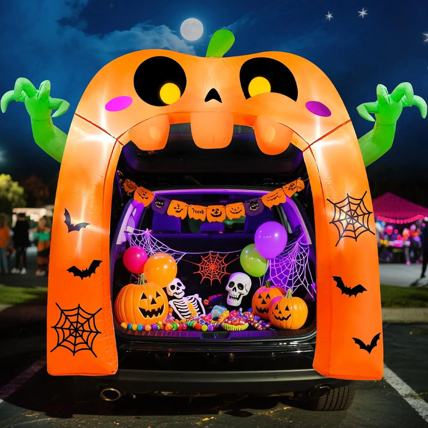 TURNMEON 5 Ft Halloween Inflatable Pumpkin Ghost Arch Trunk Or Treat Car Decoration with Built-in LEDs, Halloween Blow Up Archway for Car Decorations Halloween Outdoor Yard Decor Garden Lawn
