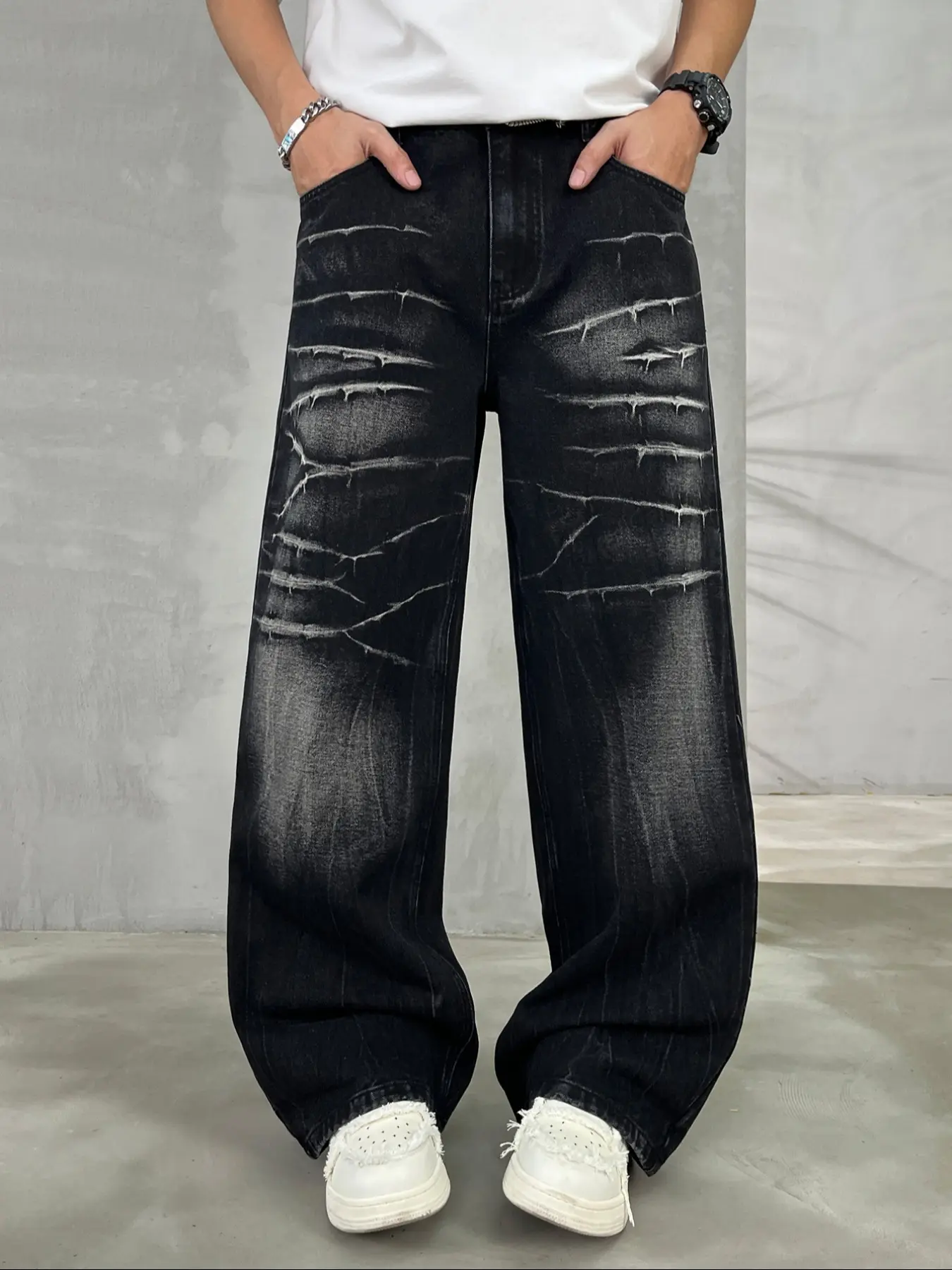 Men's Loose-Fit Denim Jeans, Lightning Scratch Washed Vintage Style, Street Fashion Casual All-Season Pants, Perfect Gift for Husband Boyfriend