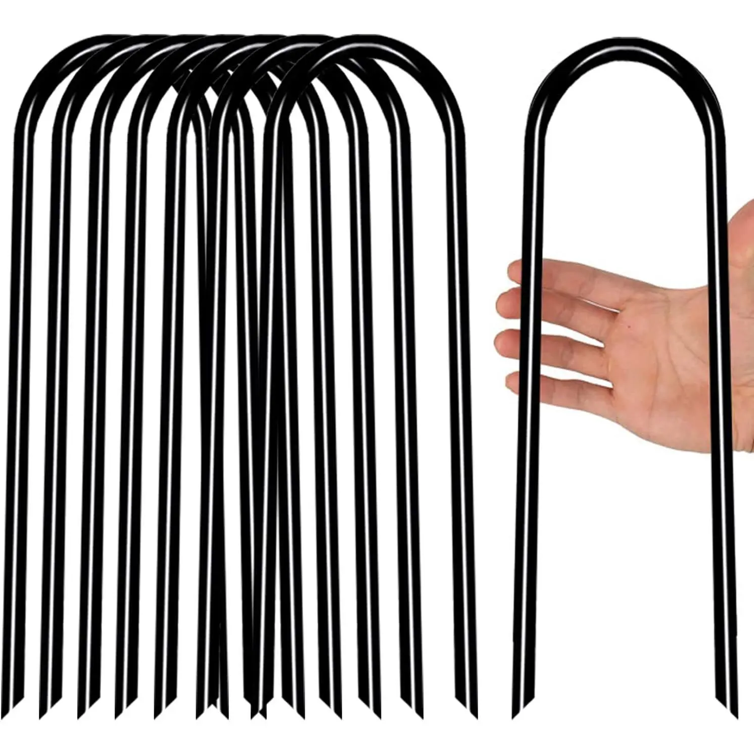 Heavy Duty U-Shaped Trampoline Anchors - 11.8inch Galvanized Steel Ground Safety Stakes with Sharp Ends for High Wind, Ideal for Soccer, Tents and Garden Decorations, Black 8pcs