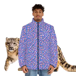 Men's SCBC " Spotted Frenzy" Puffer Jacket (AOP). Puffer Jacket, Spring, Mens Clothes, Warm Jacket, Lightweight, Deer, Graphic Design. Collar Menswear