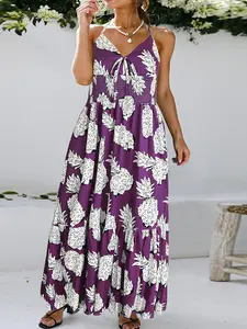 Pineapple Print Halter Maxi Dress, Smocked Waist, Versatile for Vacation & Casual