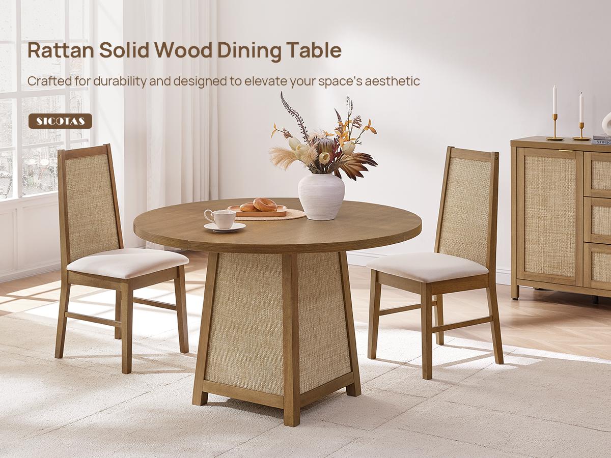 SICOATS Farmhouse Dining Table Set, 5-Piece Round Kitchen Table for 4 with Rattan Detail & Upholstered Chairs, 47 Inch Solid Wood Dining Set in Oak, Modern Cottage Style